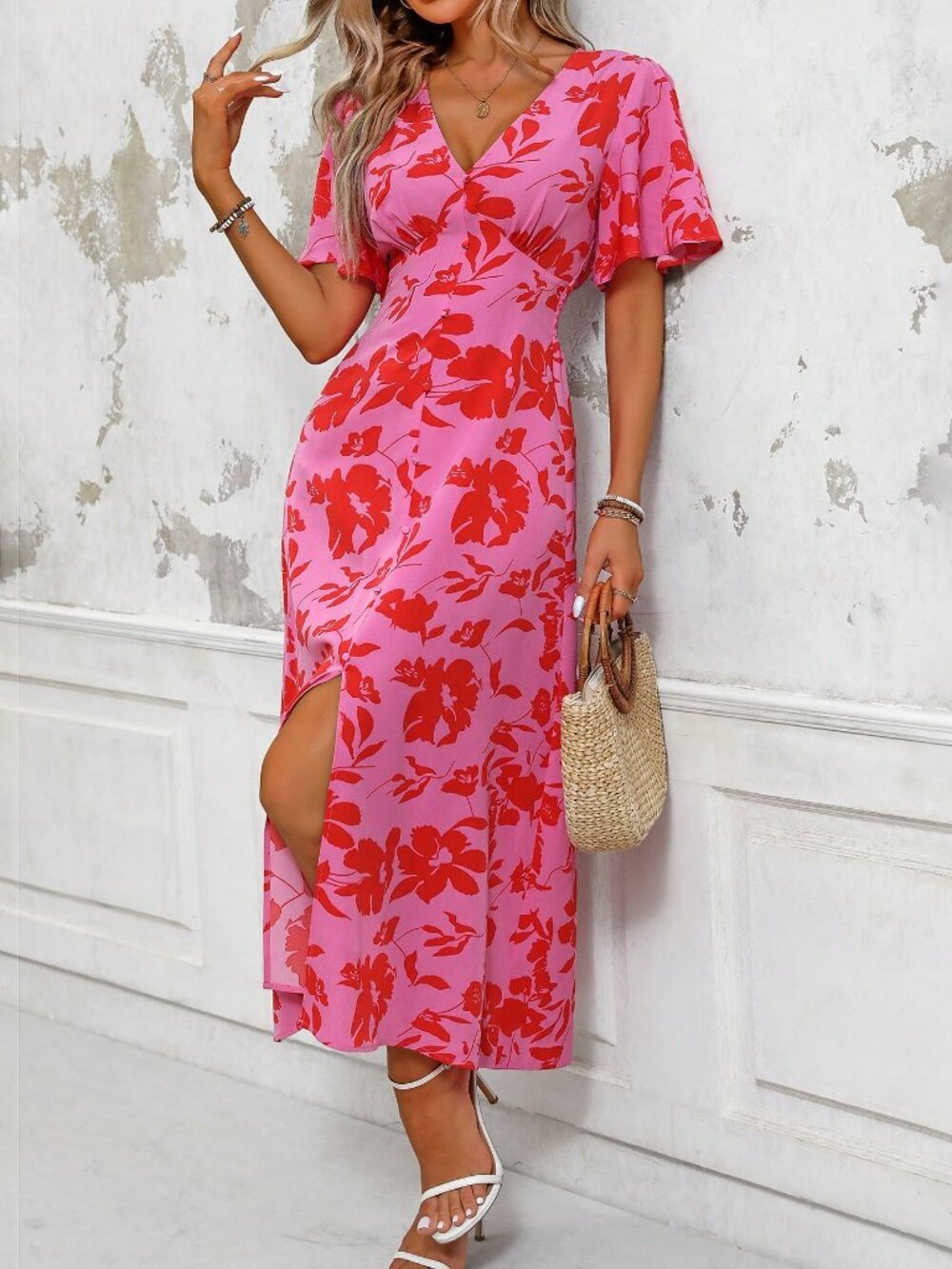 Pink Boho Women's Plant Print V-Neck Short Sleeve Maxi Dress with Side Slit - Picture 3 of 7